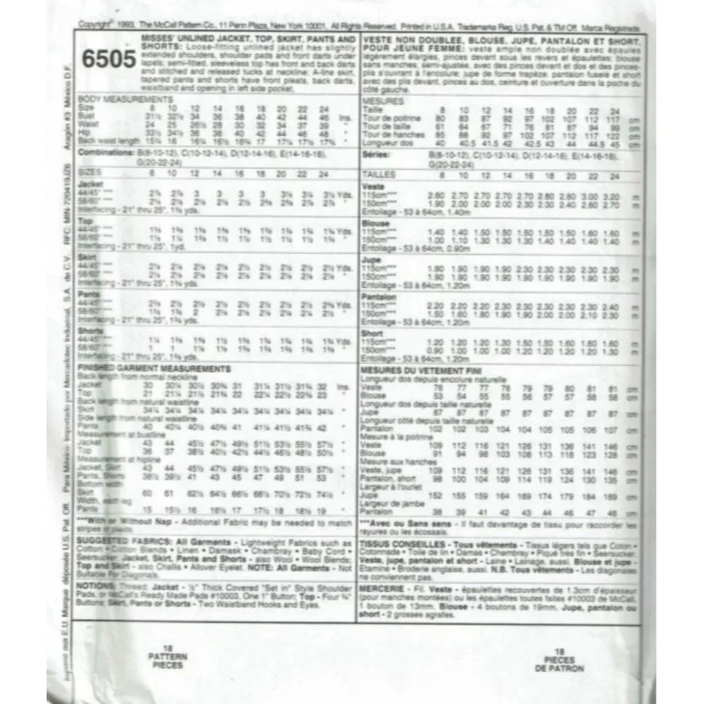 Sewing Pattern McCalls 6505 Misses 14-18‎ Jacket Skirt Shorts Pants Blouse